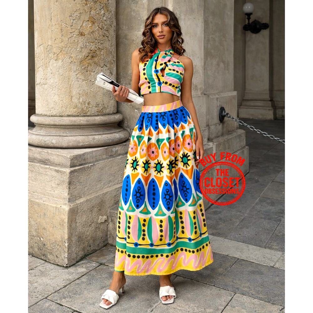 Zara Printed Co Ord Set Halter Top A-Line Midi Skirt Resort Vacation Outfit NWT
